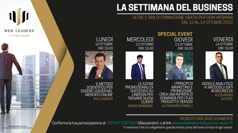 La settimana del business dal 10 al 14 ottobre, webinar gratuiti sul web marketing